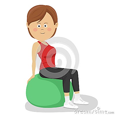 Young cute woman sitting on a yoga ball isolated over white background Vector Illustration