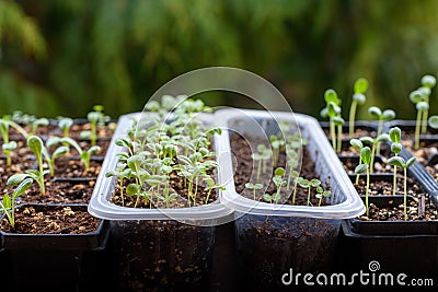 Young cutting flower seedlings growing in a propagation trays. Spring gardening background. Zinnia, Aster and Dahlia sprouts. Stock Photo