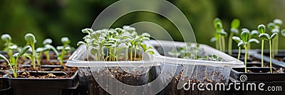 Young cutting flower seedlings growing in a propagation trays. Spring gardening banner. Zinnia, Aster and Dahlia sprouts. Stock Photo