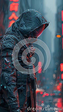 young cyberpunk soldier in futuristic setting Stock Photo