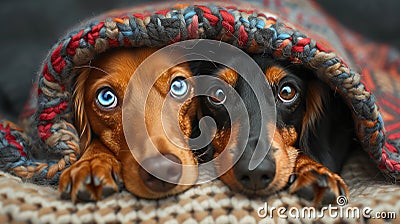 Young dachshund dogs lying under a blanket. Funny animals or animal friends concept. Stock Photo