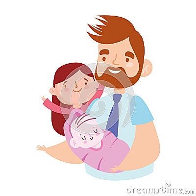 Young dad with baby and daughter characters, family day Vector Illustration