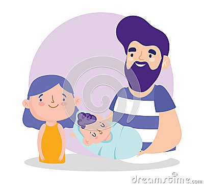 Young dad with baby and daughter characters, family day Vector Illustration