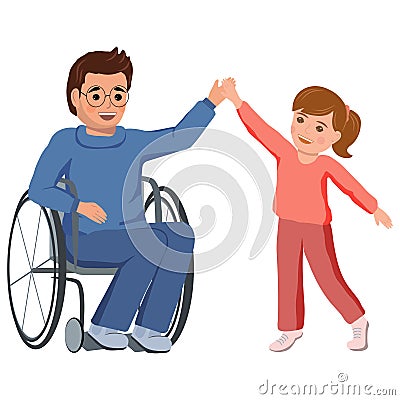 Young dad with special needs sits in a wheelchair and plays happily with his cute little daughter Vector Illustration