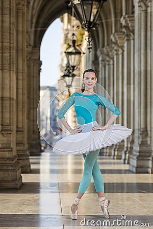 Young dancer with tutu and turqoise trikot Stock Photo