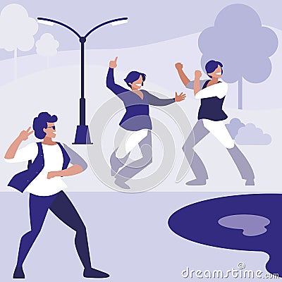 young dancers group dancing in the park Cartoon Illustration