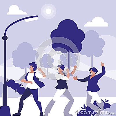 young dancers group dancing in the park Cartoon Illustration