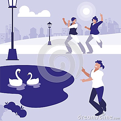 young dancers group dancing in the park Cartoon Illustration