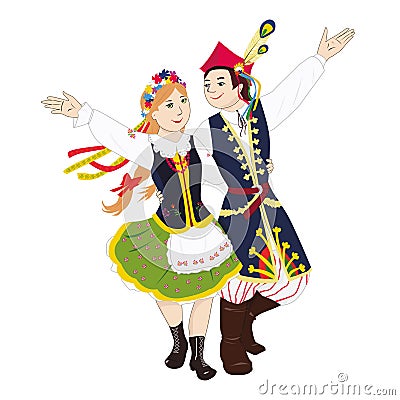 Young dancers from Poland are dancing folk dance Krakowiak Vector Illustration