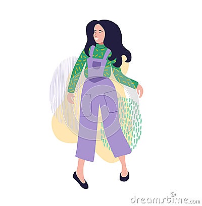 Young dancing woman with navy hair in fashionable overalls on abstract background. Happy girl drawing in flat style. International Vector Illustration