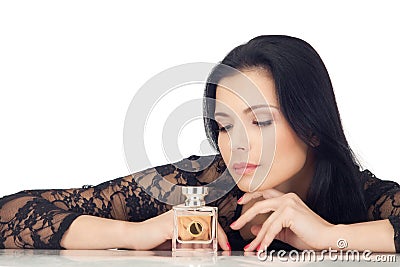 Young dark hair woman in black blouse isolated Stock Photo