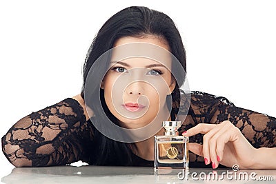 Young dark hair woman in black blouse isolated Stock Photo