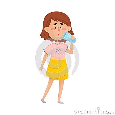 Young Dark-haired Girl Character Standing and Drinking Still Water From Glass Vector Illustration Vector Illustration