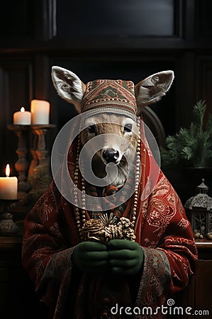 Young deer as a Christmas character wearing a dress with Christmas motives Stock Photo