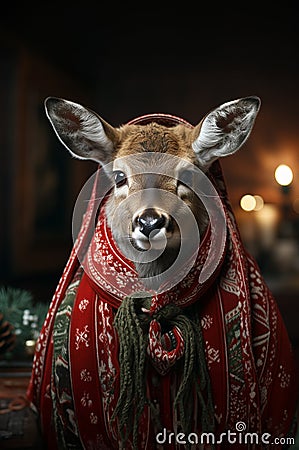 Young deer as a Christmas character wearing a sweater with Christmas motives Stock Photo