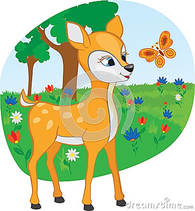 Young deer with a butterfly Vector Illustration