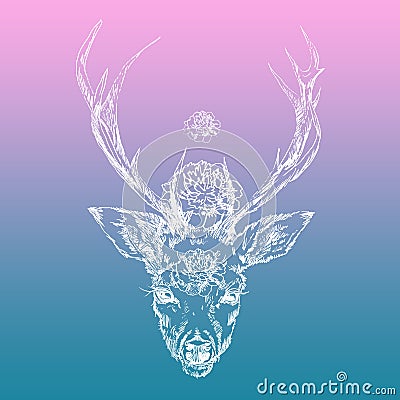 A young deer with horns on which peonies are planted. Illustration. Design a tattoo, a symbol of mystical magic Stock Photo