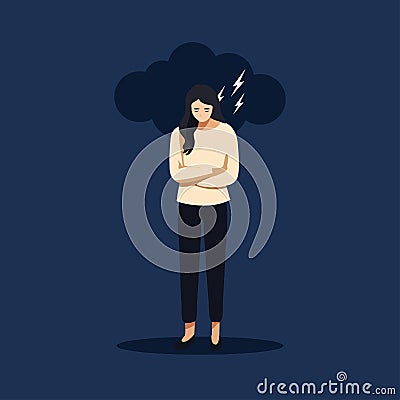 Young depressed woman crying with rain and storm with thunder above vector illustration Vector Illustration