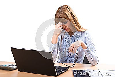 Young depresses stressed business woman at office Stock Photo