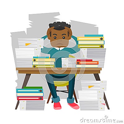 Young despair office worker with heaps of papers. Vector Illustration