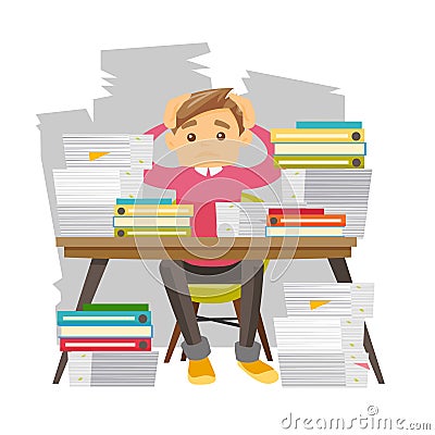 Young despair office worker with heaps of papers. Vector Illustration