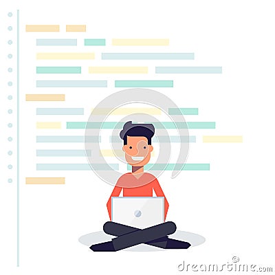 Young developer sitting with a laptop on the background of program code. Happy man. vector illustration in flat Vector Illustration