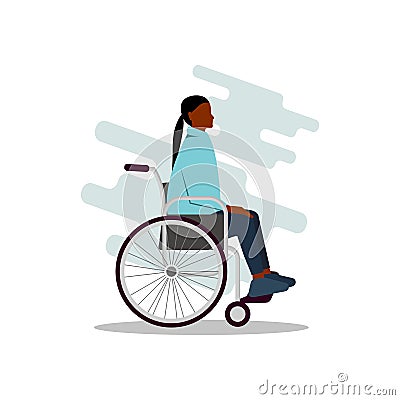 Young disabled black female character sitting in a wheelchair. Disability. Daily life. Flat editable vector illustration Cartoon Illustration