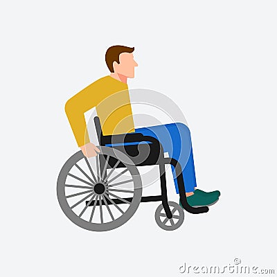 Young disabled man sitting in wheelchair on white background Vector Illustration