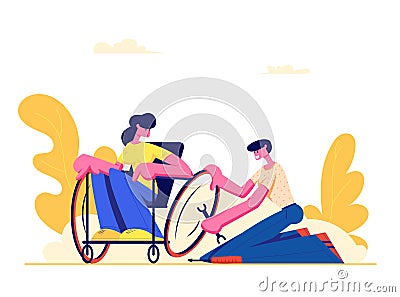 Young Disabled Woman Sitting in Wheelchair, Man Repair Wheel. Love, Family, Human Relations, Disability. Boyfriend and Handicapped Vector Illustration