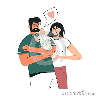 Young diverse parents couple holding child and hugging, happy parenthood relationship. Multicultural foster family Vector Illustration