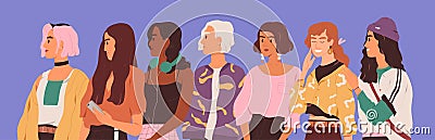 Young diverse woman standing together in row. Female diversity concept. Group of different modern trendy. Flat vector Vector Illustration
