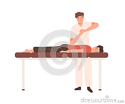 Young doctor, chiropractor or osteopath massaging patient on couch. Professional physiotherapist making elbow massage Vector Illustration