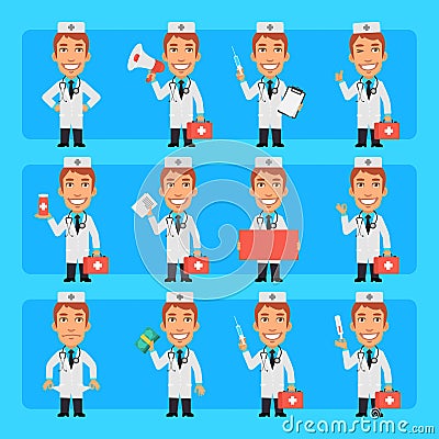 Young doctor in different poses and emotions Pack 2. Big character set Vector Illustration