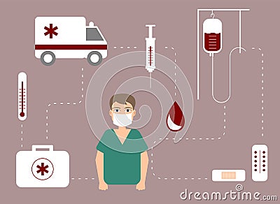 Young doctor with face mask and medicine icons. Surgeon surrounded by a medical kit. Vector Illustration