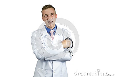 Young doctor or medical college student in white robe with stethoscope on white background Stock Photo