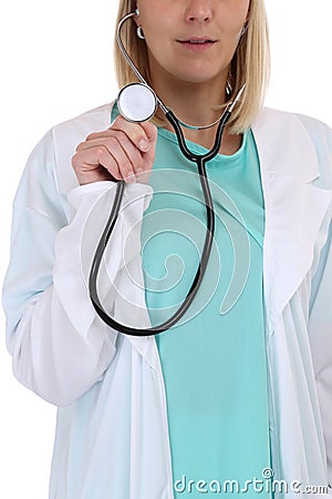 Young doctor woman with stethoscope heart medical isolated Stock Photo