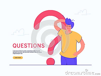 Young doubting man standing near big question symbol on white background Vector Illustration