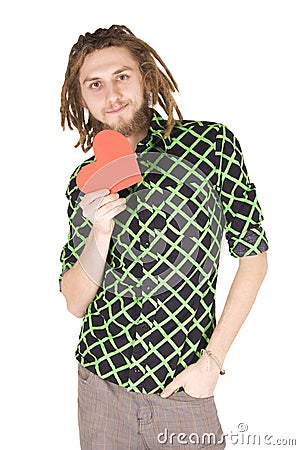 Young dreadlock man with red paper heart isolated Stock Photo