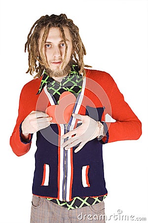 Young dreadlock man with red paper heart isolated Stock Photo