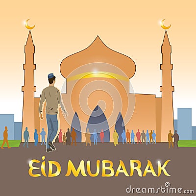 Young dressed in European clothes Muslim goes to the mosque to celebrate the Muslim holiday Vector Illustration