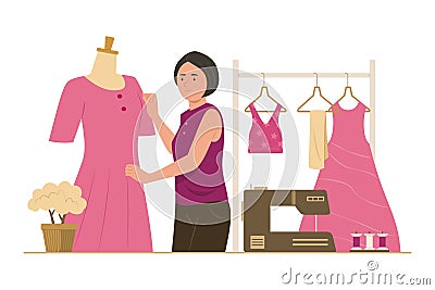 Young Dressmaker Woman Making Female Dress Vector Illustration