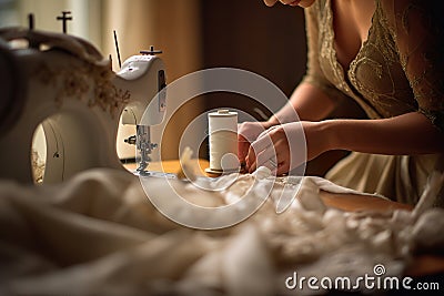 Young dressmaker woman sews clothes on sewing machine Stock Photo