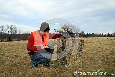 Drone operator is testing new equipment. Stock Photo