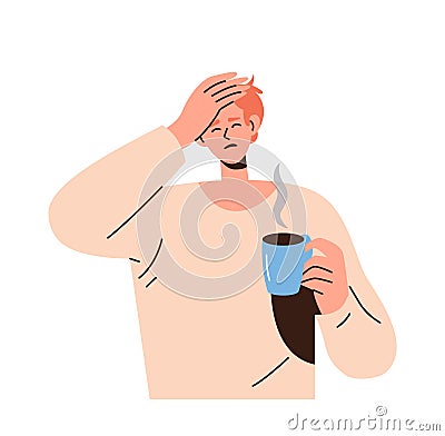 Young drowsy man character drinking coffee suffering from headache tension vector illustration Vector Illustration