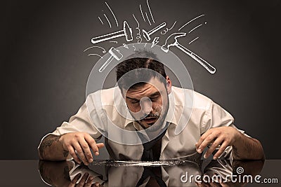 Drunk disappointed man with hangover concept Stock Photo