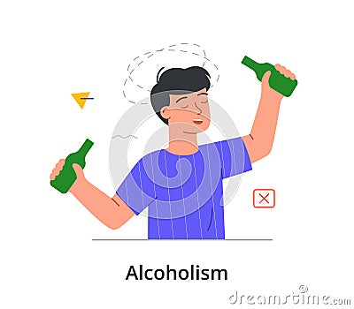 Young drunk male character is suffering from alcoholism on white background Vector Illustration