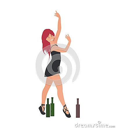 Young drunk woman dancing, smiling having fun Vector Illustration