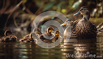 Young ducklings swim in pond with mother generated by AI Stock Photo