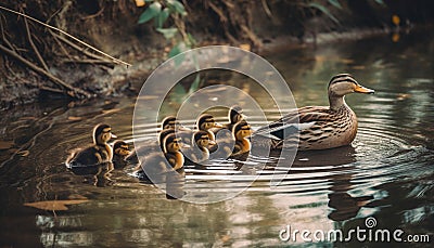 Young ducklings swim in tranquil pond water generated by AI Stock Photo