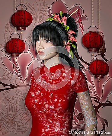 Young east Asia girl on a flower backdrop Stock Photo